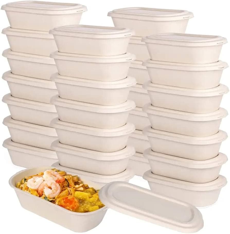 a stack of white containers with food in it