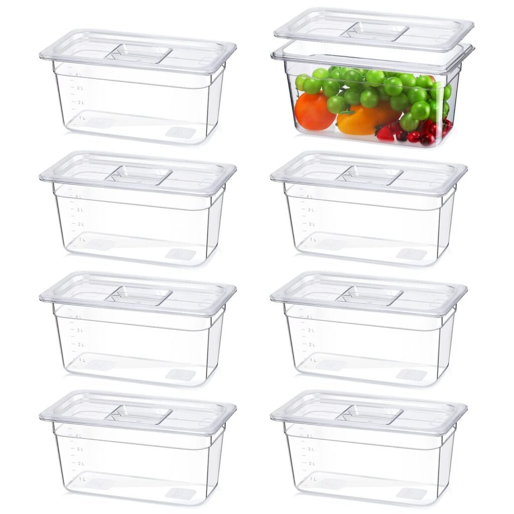 a group of plastic containers with fruits inside
