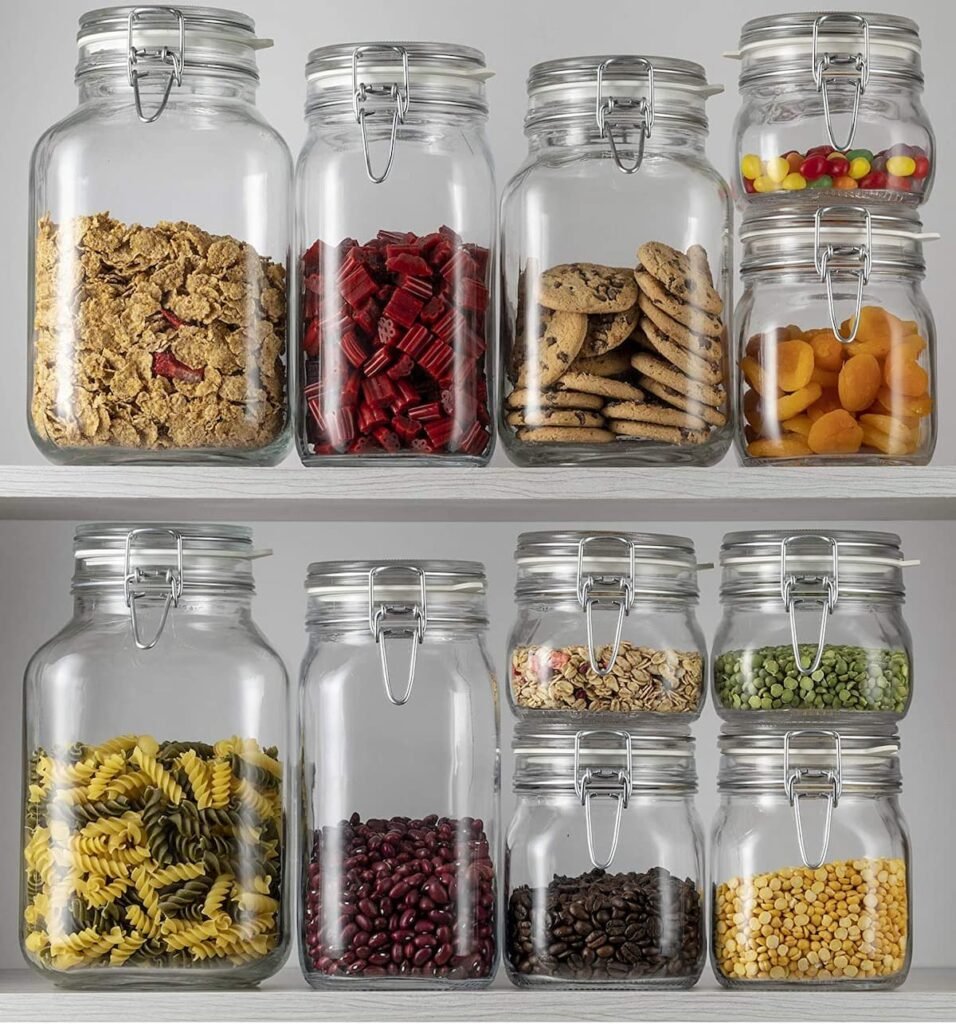a shelf with jars of food